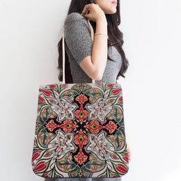 Ethnic Woven Shopping Bag|Belgian Tapestry Tote Bag|Gobelin Tapestry Shoulder Bag|Turkish Tulips Tile Pattern Bag|Gift Handbag For Women