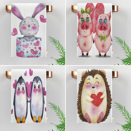 Valentine Dish Towel|Cute Bunny Dishcloth|Pig Print Towel|Penguin Hedgehog Tea Towel|Kitchen Gift for Her|All-Purpose Rag|Cost-Effective Rag
