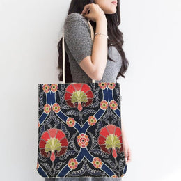 Ethnic Turkish Tulips Tote Bag|Gobelin Tapestry Shoulder Bag|Tile Pattern Gift Handbag For Women|Woven Tapestry Fabric|Vintage Bohemian Bag