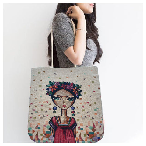 Frida Khalo Fabric Shoulder Bag|Girl Face Gobelin Tapestry Tote Bag|Boho Style Handbag|Messenger Bag for Women|Book Summer Shoulder Purse