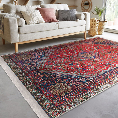 Anatolian Accent Floor Covering|Ethnic Fringed Machine-Washable Rug|Kilim Pattern Non-Slip Carpet|Farmhouse Style Rug|Rug Design Carpet