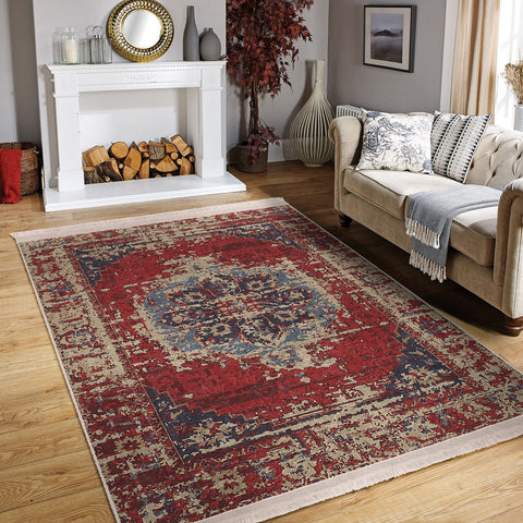 Kilim Pattern Floor Covering|Farmhouse Style Non-Slip Carpet|Ethnic Fringed Carpet|Anatolian Accent Machine-Washable Rug|Rug Design Rug