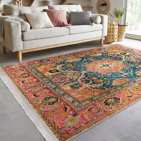 Ethnic Carpet|Fringed Rug|Kilim Pattern Floor Covering|Machine-Washable Carpet|Farmhouse Rug|Anatolian Floor Covering|Rug Design Carpet