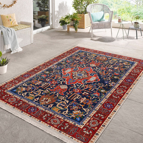 Kilim Pattern Non-Slip Carpet|Farmhouse Machine-Washable Rug|Ethnic Fringed Rug|Oriental Accent Carpet|Decorative Rug Design Floor Covering