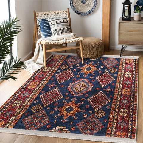 Ethnic Fringed Carpet|Oriental Accent Floor Covering|Farmhouse Machine-Washable Rug|Kilim Pattern Non-Slip Carpet|Rug Design Rug