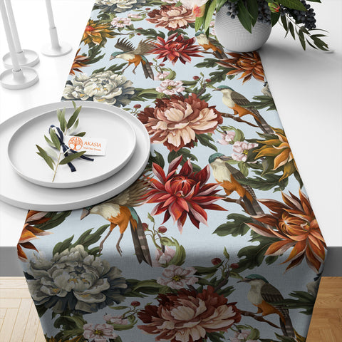 Floral Bird Table Runner|Tropical Tablecloth|Flower Home Decor|Housewarming Rectangle Runner|Farmhouse Style Decorative Floral Tabletop