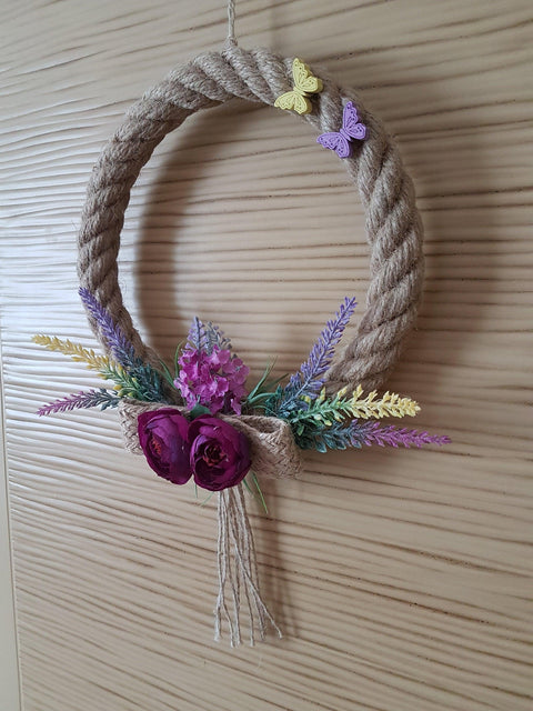 Purple Peony Jute Rope Welcome Wreath for Front Door with Lavender|Year round Door Floral Hanger|Housewarming Gift for Friend with Butterfly