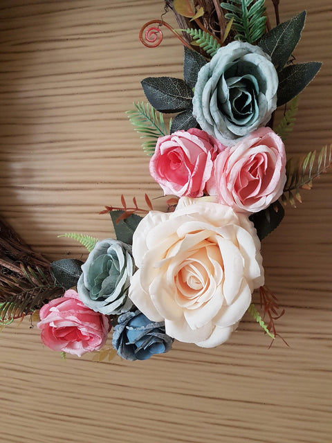 Rose Grapevine Wreath|Year Round Indoor and Outdoor Wreath|Floral Round Door Sign|Unique Faux Flower Wreath|Pink and Blue Rose Wall Decor