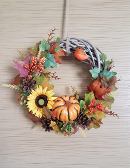 Fall Wicker Wreath|Farmhouse Halloween Wreath|Year Round Front Door Wreath|Pumpkin, Leaf, Bird, Pinecone|Rustic Welcome Autumn Round Sign