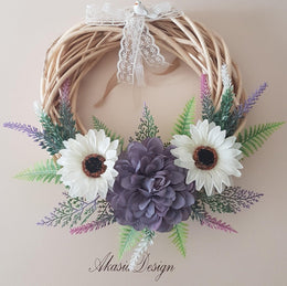 Floral Wicker Wreath|Purple White Daisy Faux Flower Wreath|Rustic Farmhouse Indoor Wall Decor|Unique Front Door Personalized Realtor Gift