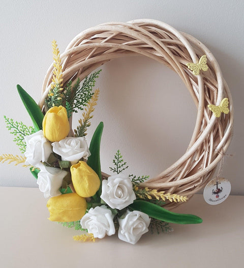 Yellow Tulip Wicker Wreath|White Rose Front Door Wreath|Year Round Wreath with Faux Flower|Floral Farmhouse Wall Sign|Floral Wall Decor
