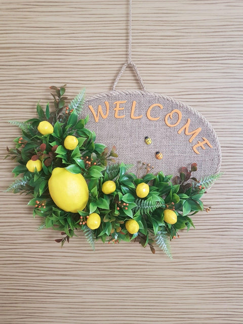 Floral Lemon Wreath for Front Door|Yellow and Orange Summer Wreath|Year Round Farmhouse Jute Rope Wreath|Faux Lemon Door Sign|Rustic Decor