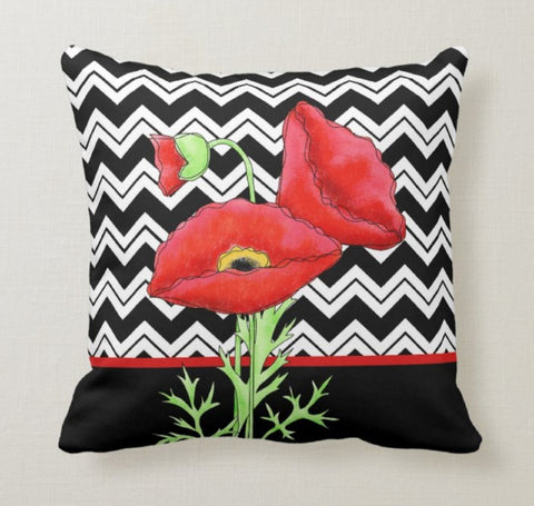 Red Poppy Pillow Cover|Red Floral Cushion Case|Decorative Throw Pillow Top|Boho Bedding Home Decor|Rustic Housewarming Farmhouse Pillow Case