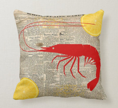 Beach House Pillow Case|Marine Crabs with Lemons Pillow Cover|Nautical Cushion|Red Blue Crab Throw Pillow|Seashell Home Decor|Porch Pillow