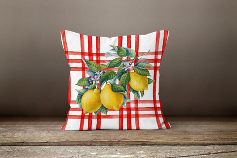 Floral Lemon Throw Pillow Case|Red Checkered Yellow Lemon Pillow Cover|Decorative Cushion Case|Housewarming Lemon Tree Plaid Pillow Case