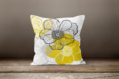 Yellow Floral Pillow Cover|Gray Bird on Tree|Decorative Fall Throw Pillow Top|Boho Bedding Home Decor|Housewarming Autumn Trend Cushion
