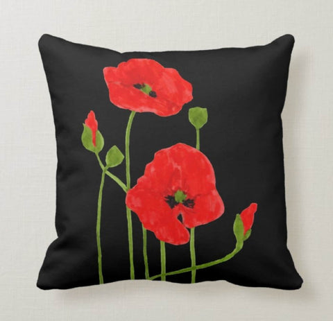 Red Poppy Pillow Cover|Red Floral Cushion Case|Decorative Throw Pillow Top|Boho Bedding Home Decor|Rustic Housewarming Farmhouse Pillow Case