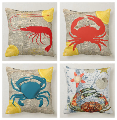 Beach House Pillow Case|Marine Crabs with Lemons Pillow Cover|Nautical Cushion|Red Blue Crab Throw Pillow|Seashell Home Decor|Porch Pillow