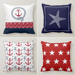 Nautical Pillow Cover|Coastal Throw Pillow|Decorative Beach Cushions|Anchor Throw Pillow|Navy Blue and Red Beach Home Decor|Beach Pillows
