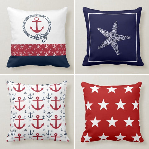Nautical Pillow Cover|Coastal Throw Pillow|Decorative Beach Cushions|Anchor Throw Pillow|Navy Blue and Red Beach Home Decor|Beach Pillows