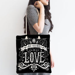 Love Fabric Shoulder Bag|Valentine&#39;s Day Black&White Handbag|Love Design Purse|Love Pattern Beach Tote Bag|All You Need is Love Boho Bag