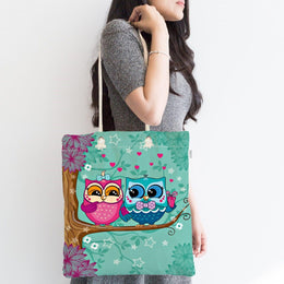 Cute Owls Shoulder Bag|Owl Print Fabric Handbag|Valentine&#39;s Day Cartoon Design Owl Tote Bag|Beach Shoulder Bag|Pink Blue Love Messenger Bag