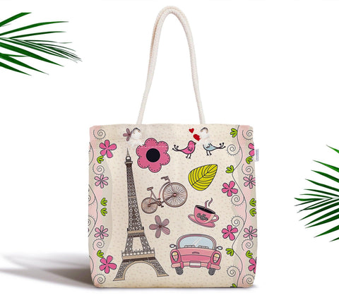 Eiffel Print Fabric Handbag|Colorful Paris Shoulder Bag|Floral Eiffel Tower Messenger Bag|Beach Tote Bag|Love in Paris Digital Print Design
