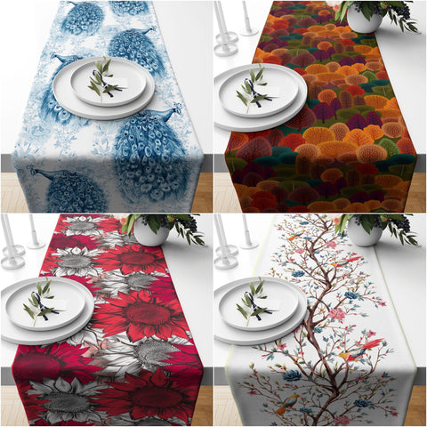 Floral Table Runners|Summer Trend Table Runner|Sunflower Home Decor|Colorful Spring Tree, Birds and Flowers Table Decor|Peacock Tablecloth