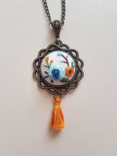 Floral Embroidery Jewelry|Custom Personalized Blue Orange Embroidered Pendant|Necklace Bracelet Earrings Set with Tassel|Unique Gift For Her