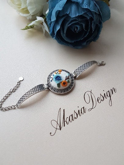 Embroidered Jewelry Set|Personalized Blue Orange Floral Embroidery Jewelry|Vintage Embroidered Pendant,Bracelet,Earrings,Ring|Gift for her