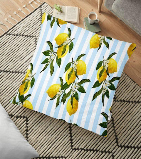Lemon Floor Pillow Cover|Floral Lemon Cushion Case|Decorative Cushion Case|Yellow Lemon Home Decor|Housewarming Farmhouse Style Lemon Pillow