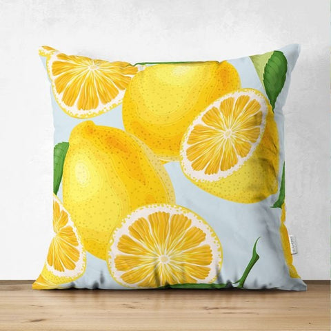 Floral Lemon Pillow Cover|Lemon Cushion Case|Decorative Suede Fruit Cushion|Housewarming Citrus Home Decor|Farmhouse Style Lemon Pillow