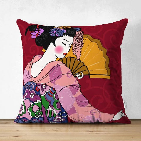 Japanese Girl Pillow Cover|Asian Design Cushion Case|Authentic Kimono Women Case|Far East Woman Decor|Traditional Geisha Fan Culture Cushion