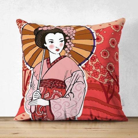 Japanese Girl Pillow Cover|Asian Design Cushion Case|Authentic Kimono Woman Case|Far East Woman Decor|Traditional Geisha Fan Culture Cushion