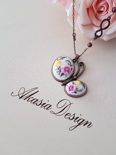 Butterfly Embroidered Necklace|Stylish Handmade Floral Embroidery Necklace|Vintage Style Embroidered Butterfly Pendant|Jewelry Gift for Her