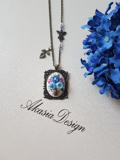 Hand Stitched Necklace|Personalized Blue Floral Embroidery Necklace|Vintage Embroidered Pendant|Unique Jewelry gift for her|Wedding Gift