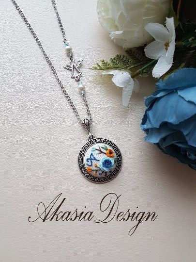 Embroidered Jewelry Set|Personalized Blue Orange Floral Embroidery Jewelry|Vintage Embroidered Pendant,Bracelet,Earrings,Ring|Gift for her