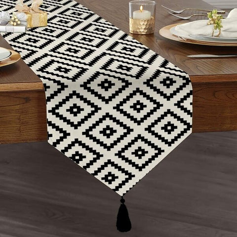 Black & White Geometric Table Runner|High Quality Triangle Dining Table Runner|Decorative Tabletop|Psychedelic Home Decor|Tasseled Runner
