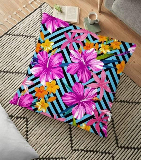 Floral Floor Pillow Cover|Summer Trend Cushion Case|Flowers on Black and White Geometric Pattern|Floor Cushion Case| Boho Bedding Home Decor