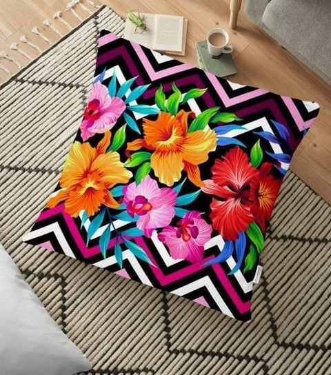 Floral Floor Pillow Cover|Summer Trend Cushion Case|Flowers on Black and White Geometric Pattern|Floor Cushion Case| Boho Bedding Home Decor