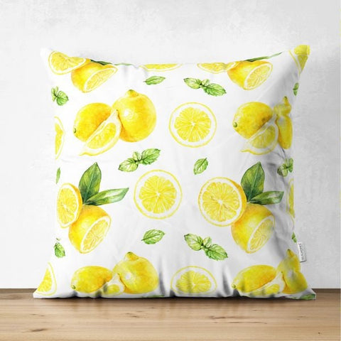 Floral Lemon Pillow Cover|Lemon Cushion Case|Decorative Suede Fruit Cushion|Housewarming Citrus Home Decor|Farmhouse Style Lemon Pillow