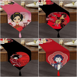 Japanese Girl Table Runner|High Quality Triangle Chenille Authentic Table Runner|Traditional Geisha Fan Decor|Kimono Woman Tasseled Runner
