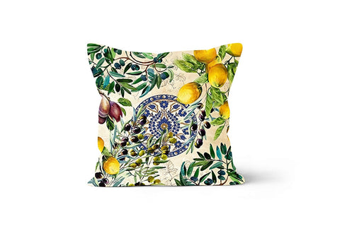 Floral Lemon Pillow Cover|Lemon with Tile Pattern Cushion|Lemon on Zigzag Home Decor|Housewarming Yellow Citrus|Farmhouse Floral Pillow Case