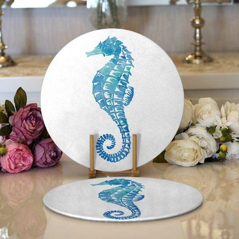 Beach House Placemat|Set of 2 Coastal Supla Table Mat|Seahorse Round American Service Dining Underplate|Starfish Seashell Oyster Coasters