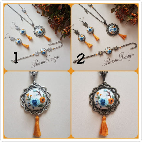 Floral Embroidery Jewelry|Custom Personalized Blue Orange Embroidered Pendant|Necklace Bracelet Earrings Set with Tassel|Unique Gift For Her
