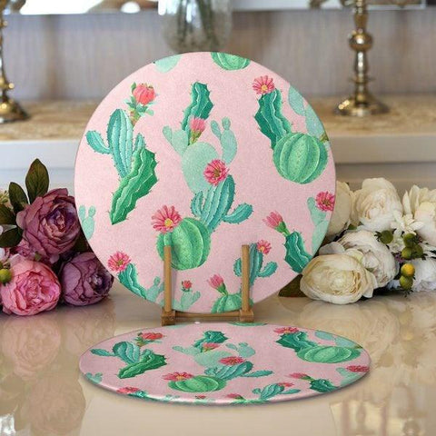 Cactus Placemat|Set of 2 Cactus Supla Table Mat|Succulent Round American Service Dining Underplate|Cactus on Pink Background Coaster Set