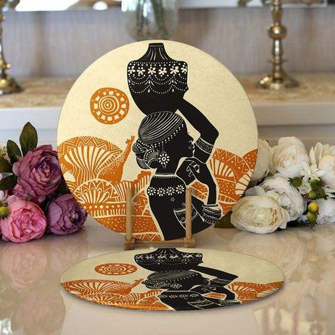 African Girl Placemat|Set of 2 Ethnic Supla Table Mat|Black Girl Round American Service Dining Underplate|Farmhouse Black-Brown Coasters