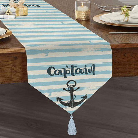Nautical Table Runner|High Quality Triangle Chenille Table Runner|Navy Anchor Table Decor|Blue Cruise Home Decor|Tasseled Chenille Runner