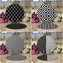 Geometric Placemat|Set of 2 Black White Supla Table Mat|Decorative Round American Service Dining Underplate|Black White Design Coasters