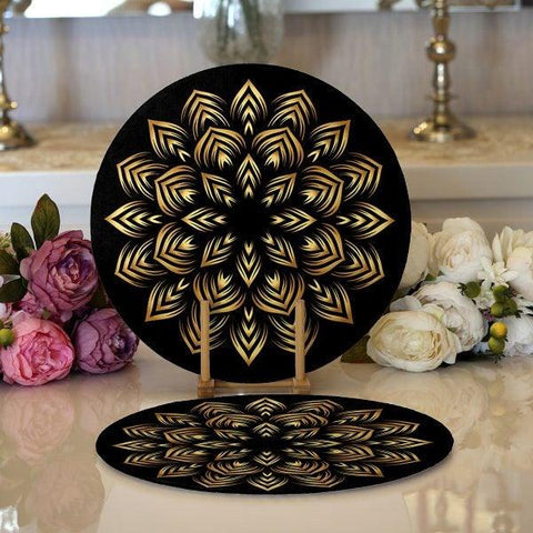 Tiled Mandala Placemat|Set of 2 Tiled Mandala Supla Table Mat|Decorative Round American Service Dining Underplate|Black and Gold Coasters